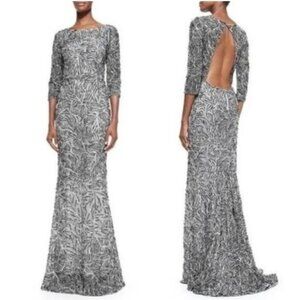 Alice + Olivia By Stacey Bendet Beaded Long Sleeve Open Back Maxi Formal Gown